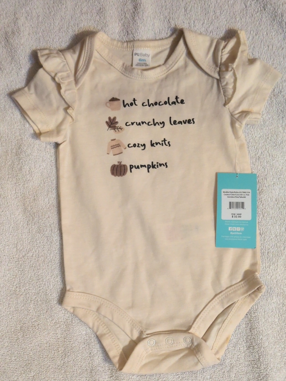 Petit Lem Cream Ruffle-Sleeve Bodysuit with Fall Icons